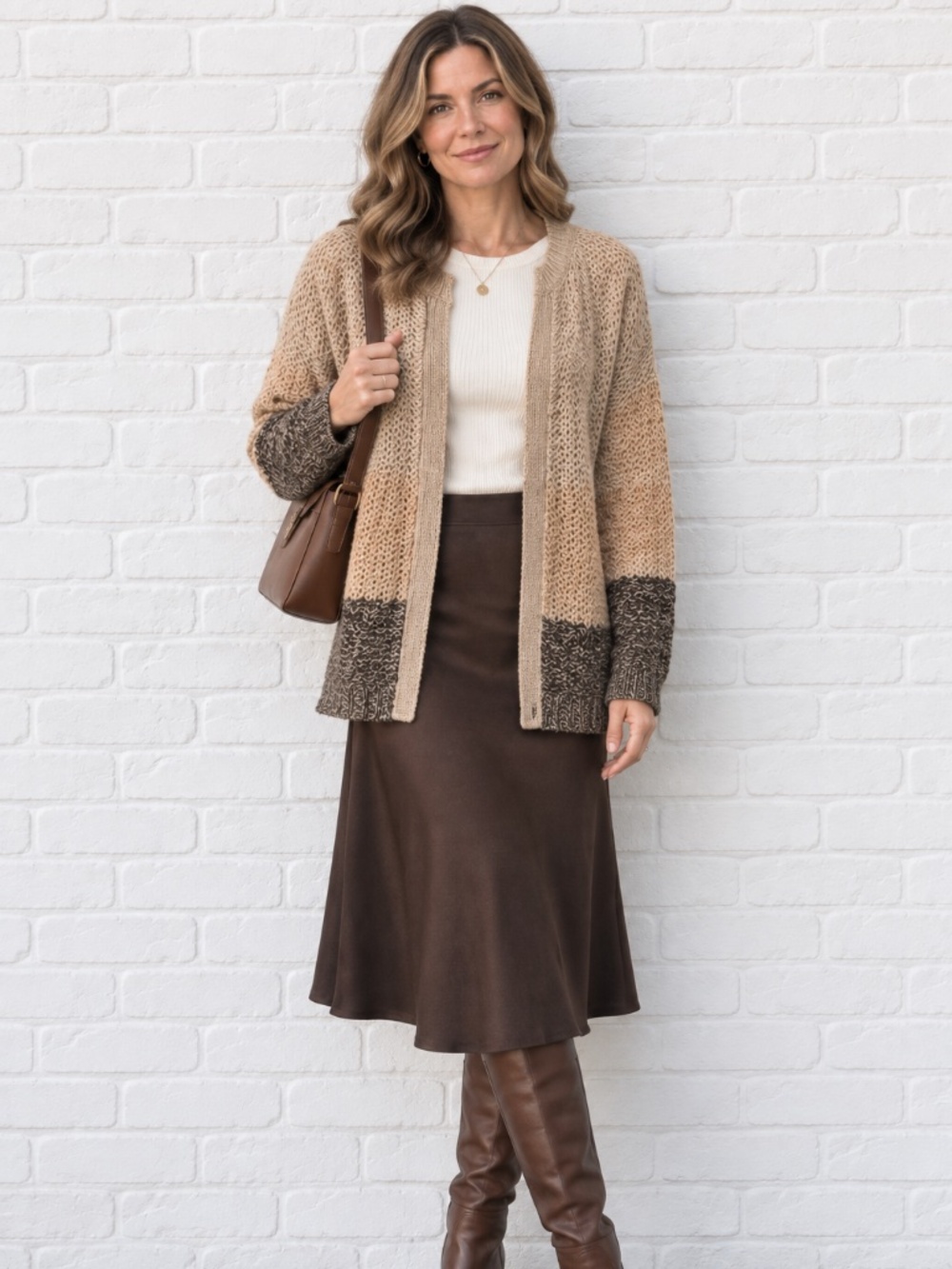 Vintage Brown Beige Knit Cardigan Sweater Textured Open Front Size L